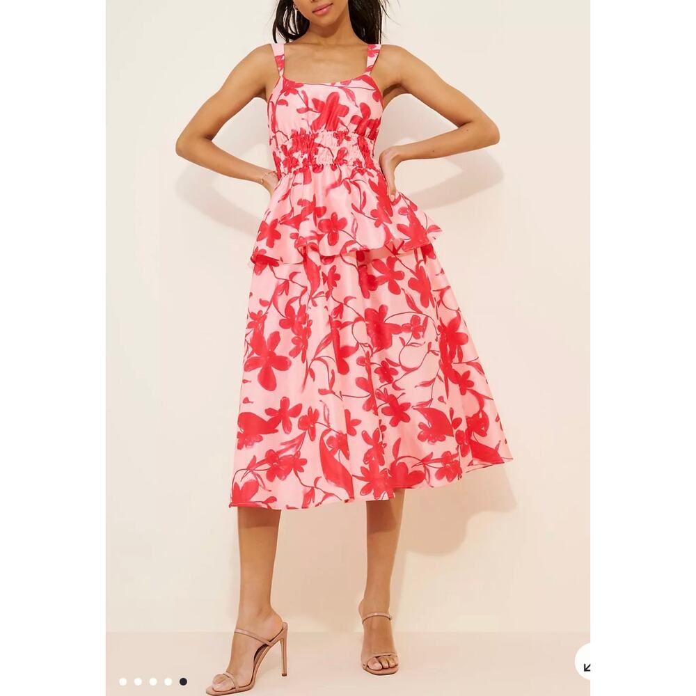 Anthropologie Hutch Pink Floral Ruched Tiered Midi Dress Medium NEW